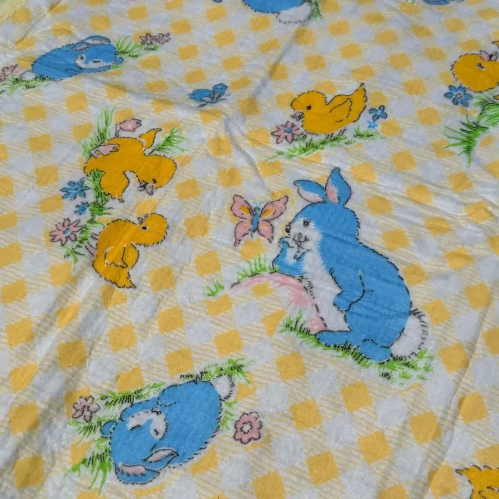 Vtg Beacon Baby Blanket Acrylic 1980s Yellow Blue Silkie Satin Trim Ducks Bunny